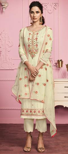 Festive, Reception Yellow color Salwar Kameez in Georgette fabric with Straight Embroidered, Mirror, Stone, Thread work : 1720386