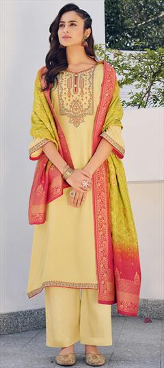 Party Wear Yellow color Salwar Kameez in Art Silk fabric with Palazzo Embroidered, Resham, Thread, Zari work : 1720446