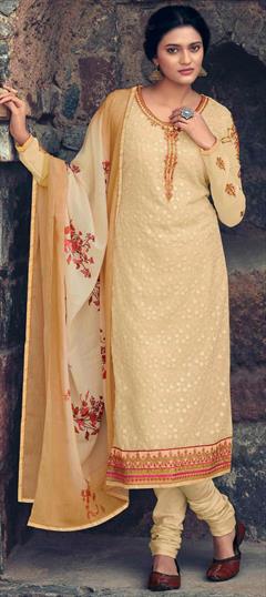 Party Wear Beige and Brown color Salwar Kameez in Georgette fabric with Churidar Embroidered, Resham, Stone, Thread, Zari work : 1720481