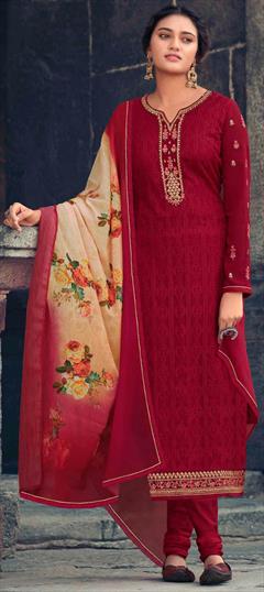 Party Wear Red and Maroon color Salwar Kameez in Georgette fabric with Churidar Embroidered, Resham, Stone, Thread, Zari work : 1720486