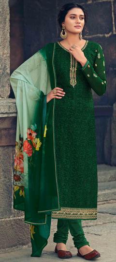 Party Wear Green color Salwar Kameez in Georgette fabric with Churidar Embroidered, Resham, Stone, Thread, Zari work : 1720487