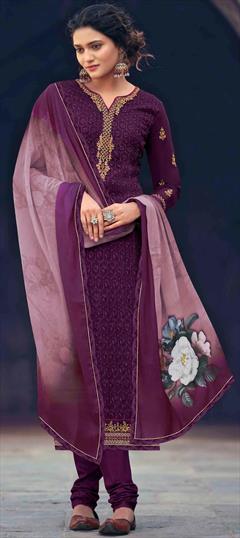 Party Wear Purple and Violet color Salwar Kameez in Georgette fabric with Churidar Embroidered, Resham, Stone, Thread, Zari work : 1720489