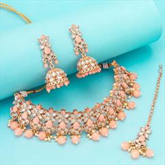 Pink and Majenta color Necklace in Metal Alloy studded with Kundan, Pearl & Gold Rodium Polish : 1720910