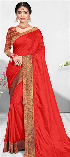 Traditional Red and Maroon color Saree in Art Silk, Silk fabric with South Lace work : 1720965