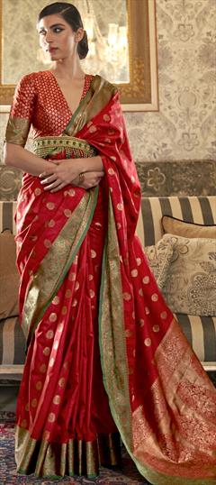 Traditional Red and Maroon color Saree in Art Silk, Silk fabric with South Weaving work : 1721131