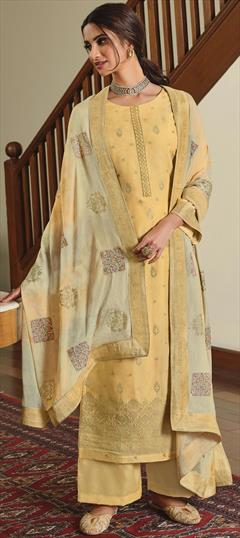 Festive, Party Wear Yellow color Salwar Kameez in Dolla Silk fabric with Palazzo Weaving work : 1721322