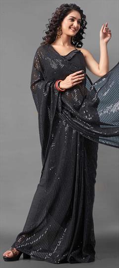 Festive, Party Wear Black and Grey color Saree in Georgette fabric with Classic Sequence work : 1721493