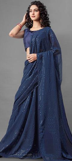 Festive, Party Wear Blue color Saree in Georgette fabric with Classic Sequence work : 1721497
