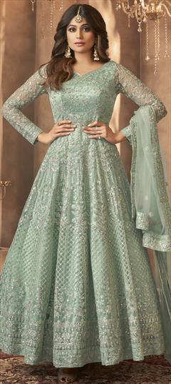 Bollywood Green color Salwar Kameez in Net fabric with Anarkali Embroidered, Sequence, Thread work : 1721977