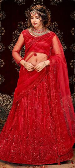 Festive, Wedding Red and Maroon color Lehenga in Net fabric with Flared Embroidered, Sequence work : 1722117