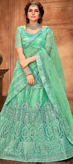Festive, Wedding Green color Lehenga in Net fabric with Flared Embroidered, Stone work : 1722119