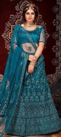 Festive, Wedding Blue color Lehenga in Net fabric with Flared Embroidered, Stone work : 1722120
