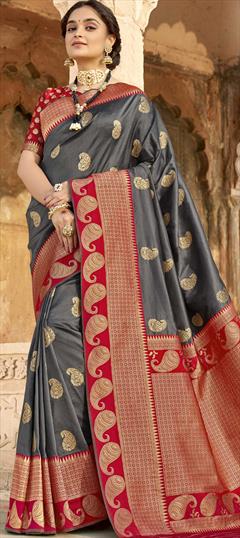 Traditional Black and Grey color Saree in Art Silk, Silk fabric with South Weaving work : 1722198