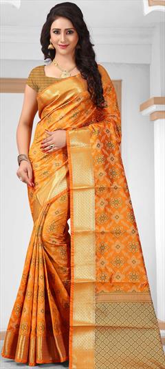 Traditional Orange color Saree in Brocade fabric with South Weaving work : 1722316