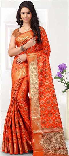 Traditional Orange color Saree in Brocade fabric with South Weaving work : 1722318
