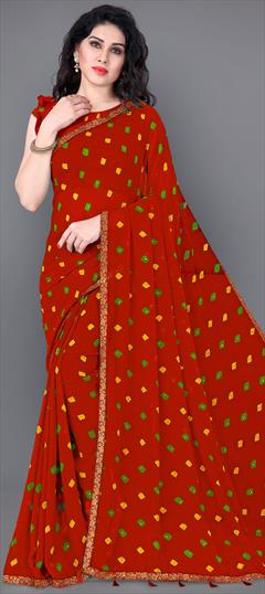 Casual, Party Wear Orange color Saree in Faux Georgette fabric with Classic Lace, Printed work : 1722418