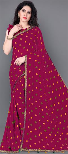 Casual, Party Wear Pink and Majenta color Saree in Faux Georgette fabric with Classic Lace, Printed work : 1722426
