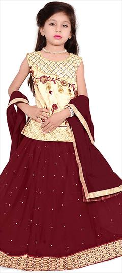 Beige and Brown, Red and Maroon color Kids Lehenga in Silk cotton fabric with Bugle Beads, Embroidered, Sequence, Thread work : 1722499