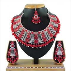 Red and Maroon color Necklace in Metal Alloy studded with CZ Diamond & Gold Rodium Polish : 1722977