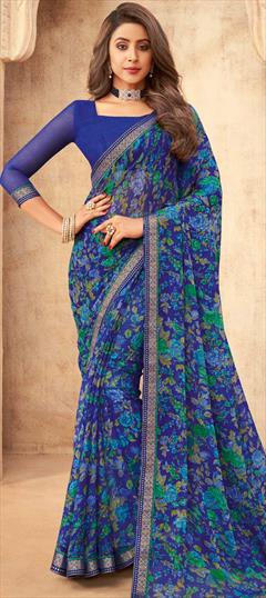 Casual Blue color Saree in Chiffon fabric with Classic Floral, Printed work : 1723246