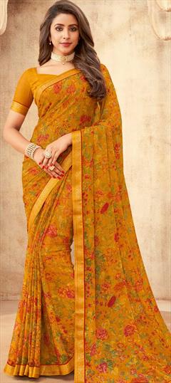 Casual Yellow color Saree in Chiffon fabric with Classic Floral, Printed work : 1723249