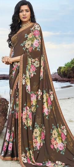 Casual, Festive, Party Wear Beige and Brown color Saree in Georgette fabric with Classic Floral, Printed work : 1723499