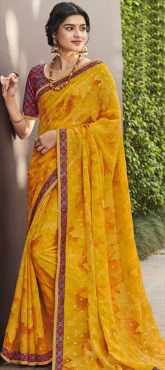 Festive, Party Wear Yellow color Saree in Chiffon fabric with Classic Embroidered, Thread work : 1723509