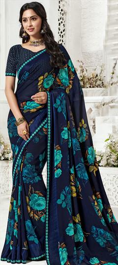 Casual, Festive, Party Wear Blue color Saree in Georgette fabric with Classic Floral, Printed work : 1723523