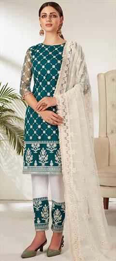 Party Wear, Reception Blue color Salwar Kameez in Net fabric with Straight Embroidered, Sequence, Thread work : 1723600