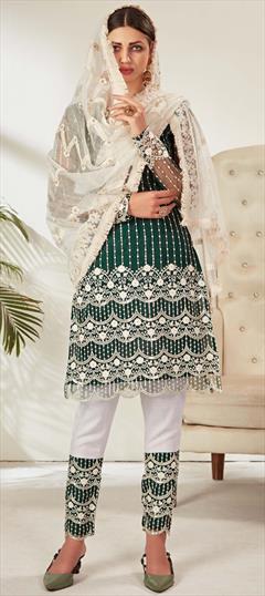 Party Wear, Reception Green color Salwar Kameez in Net fabric with Straight Embroidered, Sequence, Thread work : 1723602