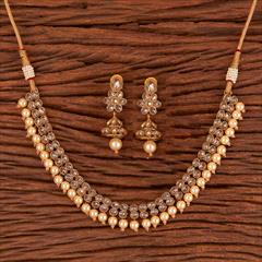 Beige and Brown color Necklace in Brass studded with CZ Diamond, Pearl & Gold Rodium Polish : 1723627