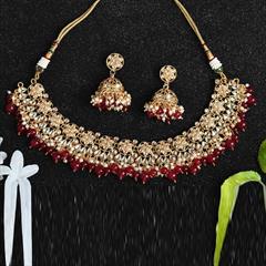 Red and Maroon color Necklace in Brass studded with Beads, Cubic Zirconia, Kundan & Gold Rodium Polish : 1723648