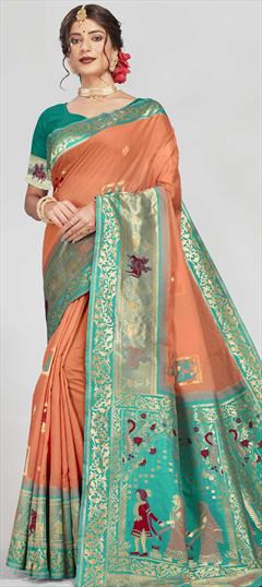 Traditional Orange color Saree in Cotton fabric with Bengali Weaving work : 1723707