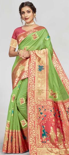 Traditional Green color Saree in Cotton fabric with Bengali Weaving work : 1723711