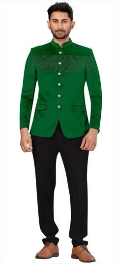 Green color Jodhpuri Suit in Velvet fabric with Thread work : 1724203