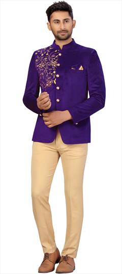 Purple and Violet color Jodhpuri Suit in Velvet fabric with Embroidered, Thread, Zari work : 1724207