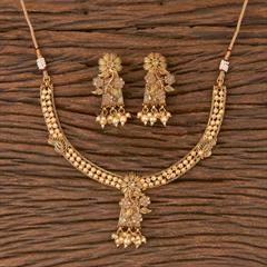 Beige and Brown color Necklace in Brass studded with Beads, Cubic Zirconia, Kundan, Pearl & Gold Rodium Polish : 1724432