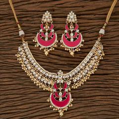 Pink and Majenta color Necklace in Brass studded with Beads, Cubic Zirconia, Kundan, Pearl & Gold Rodium Polish : 1724433