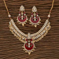 Red and Maroon, White and Off White color Necklace in Brass studded with Beads, Cubic Zirconia, Kundan, Pearl & Gold Rodium Polish : 1724455