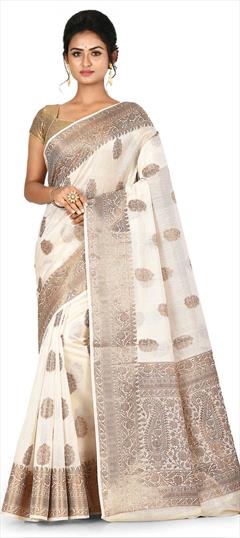 Traditional, Wedding White and Off White color Saree in Banarasi Silk, Silk fabric with South Weaving work : 1724472