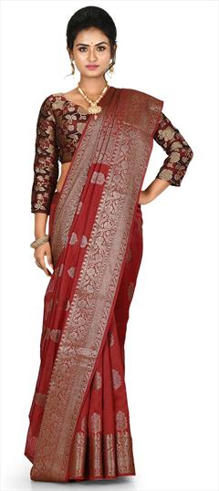 Traditional, Wedding Red and Maroon color Saree in Banarasi Silk, Silk fabric with South Weaving work : 1724474