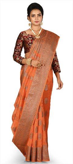 Traditional Orange color Saree in Banarasi Silk, Silk fabric with South Weaving work : 1724475