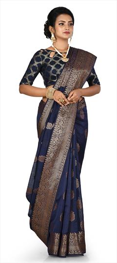 Traditional, Wedding Blue color Saree in Banarasi Silk, Silk fabric with South Weaving work : 1724477