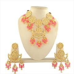 Pink and Majenta color Necklace in Brass studded with Beads, Cubic Zirconia, Kundan, Pearl & Gold Rodium Polish : 1724511