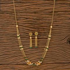 Green color Necklace in Brass studded with Beads, Cubic Zirconia, Pearl & Gold Rodium Polish : 1724519