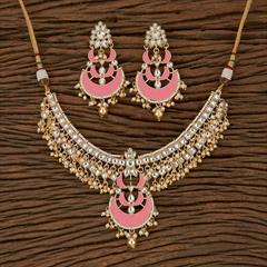 Pink and Majenta color Necklace in Brass studded with Beads, Cubic Zirconia, Kundan, Pearl & Gold Rodium Polish : 1724526