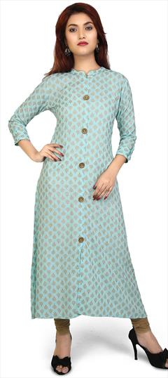 Casual Blue color Tunic with Bottom in Cotton fabric with Printed work : 1724590