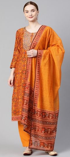 Casual Orange color Salwar Kameez in Chanderi Silk fabric with Straight Printed, Zari work : 1724707