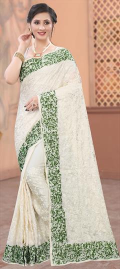 Traditional, Wedding White and Off White color Saree in Satin Silk fabric with South Embroidered, Resham, Stone work : 1725651