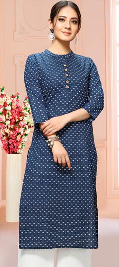Casual Blue color Kurti in Cotton fabric with Long Sleeve, Straight Printed work : 1725923